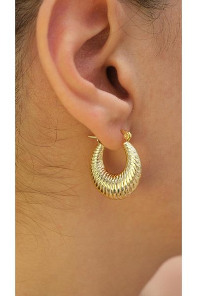Jerie Gold Oval Convex Serrated Plate Hoop Earrings
