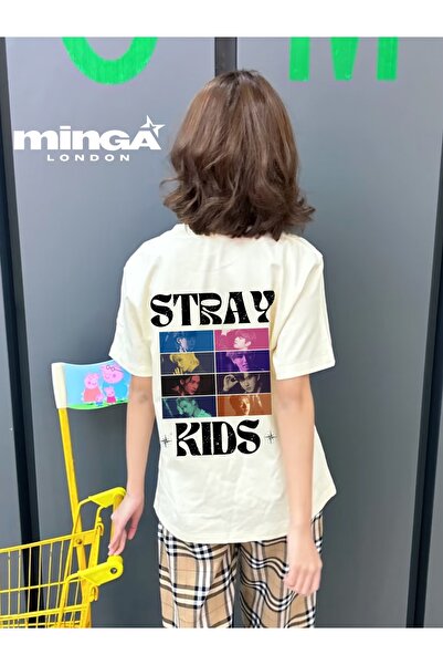 Minga London Tricou oversize bej cu imprimeu Stray Kids Collage - Minga London