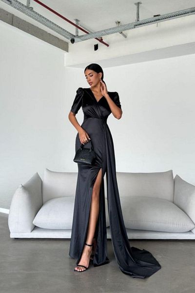 Mossta Double Breasted Collar Slit Detailed Satin Evening Dress - Black