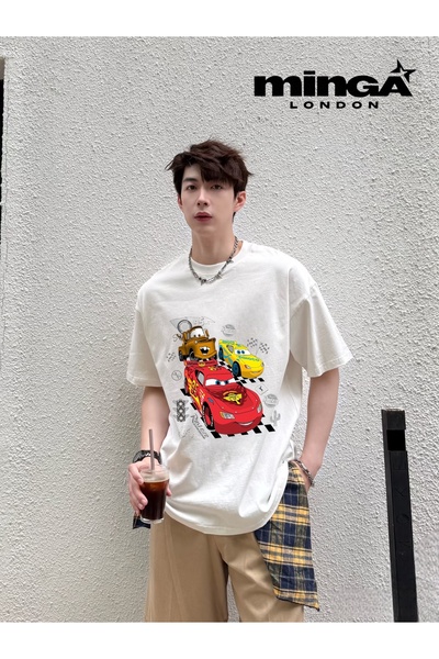 Minga London Tricou oversize unisex bej imprimat cu mașină de curse roșu 3 - ...