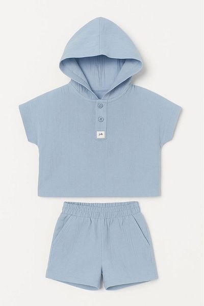 Kidmark Çocuk Modası Boy's Hooded Muslin Blue Summer Suit