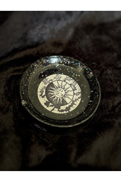 Milo Art Mistik Güneş ve Ay Temalı El Yapımı Simli Pullu Siyah Epoksi Küllük ...