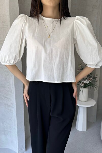 MODA Watermelon Sleeve Back Bow Detailed Poplin Blouse