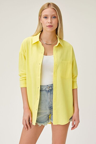 Mayer Butik قميص كتان كبير الحجم مصنوع من القطن بنسبة 100% وجيب واحد