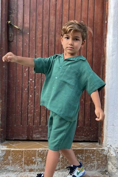 Kidmark Çocuk Modası Boy's Linen Pocket Detailed Dark Green Summer Suit