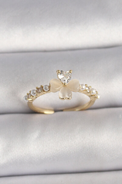 Clariss Pirinç Gümüş Renk Zirkon Taşlı Beyaz Mineli Yonca Model İnci Detay Ay...