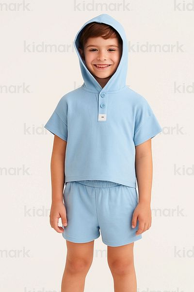 Kidmark Çocuk Modası Boy's Hooded Muslin Blue Summer Suit