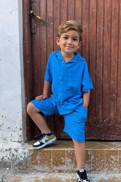Kidmark Çocuk Modası Boy's Linen Pocket Detailed Blue Summer Suit