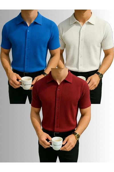 LC Waikiki Lc Waiki 3-Pack Advantageous Package 100% Cotton Waffle Fabric Ironing Unwilling Short-Sleeved Men's Summer Shirt