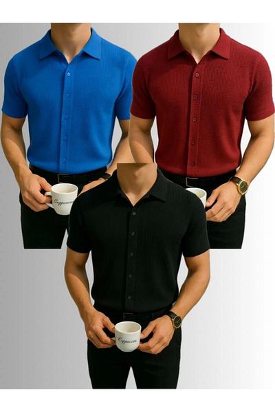 LC Waikiki Lc Waiki 3-Pack Advantageous Package 100% Cotton Waffle Fabric Ironing Unwilling Short-Sleeved Men's Summer Shirt