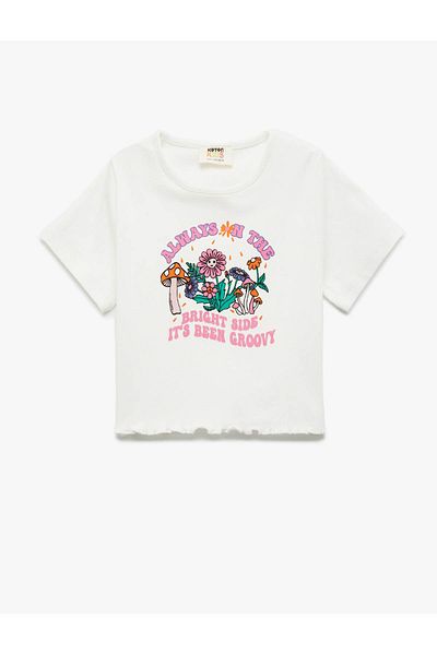 Koton Cotton Crew Neck Short Sleeve Printed Crop T-Shirt