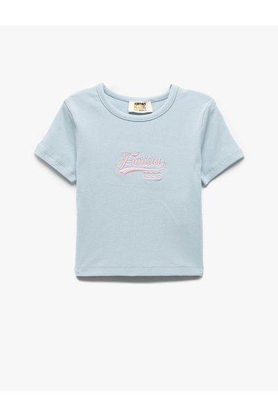 Koton Tricou crop din bumbac cu mânecă scurtă, cu decolteu, cu broderie