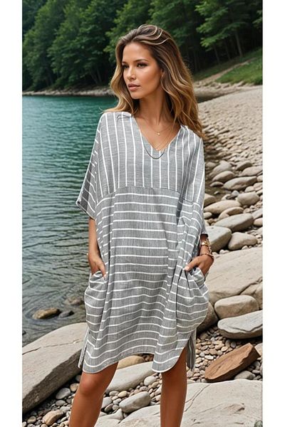 Pasaklı Giyim Women's Anthracite Linen V-Neck Striped Pocket Casual Casual Summer Wear Oversize Dress 3340286