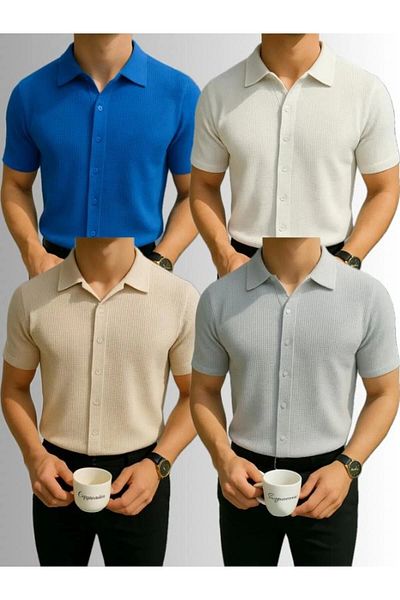 LC Waikiki Lc W 4-Piece Advantageous 100% Cotton New Season Short Sleeve Men's Buttoned Premium Shirt - No Ironing