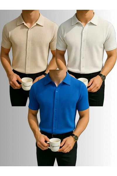 LC Waikiki Lc W 3-Pack Advantage Package 100% Cotton Waffle Fabric Men's Summer Button Short Sleeve Premium Shirt