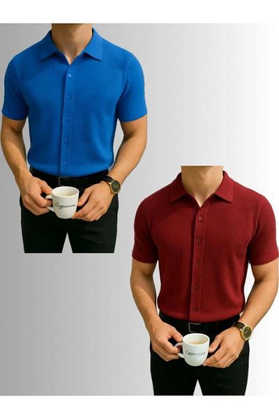 LC Waikiki Lc W 2-Pack Advantageous Package 100% Cotton Waffle Fabric Ironing Unwilling Short Sleeve Men's Summer Shirt
