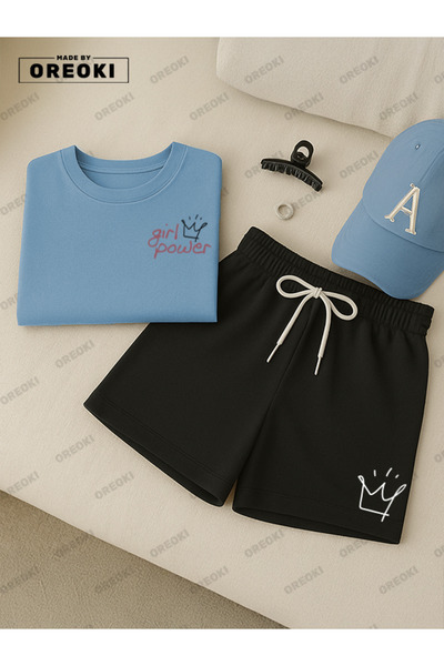 EFFRENATU Γυναικείο Σετ Μπλουζάκι από Βαμβάκι με Στάμπα Power-Μαύρο Σορτς