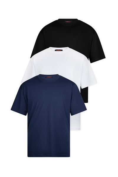 WERRONİ 3-Piece Oversize Massimo Thick Buckle Basic T-Shirt - White - Black - Navy Blue