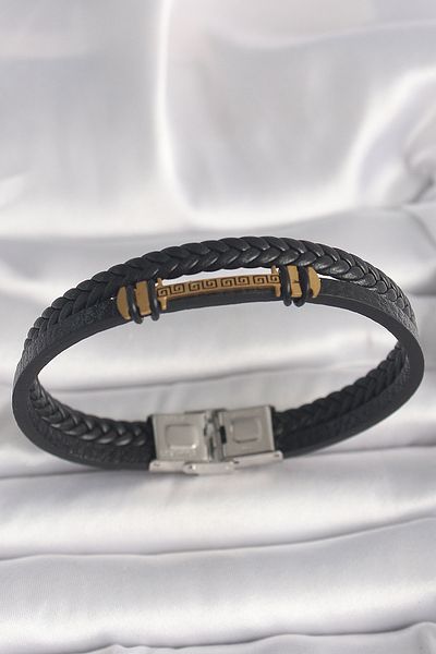 Clariss 316L Steel Gold Color Zigzak Embroidered Accessorized Double Row Twist Pattern Leather Cord Men's Bracelet