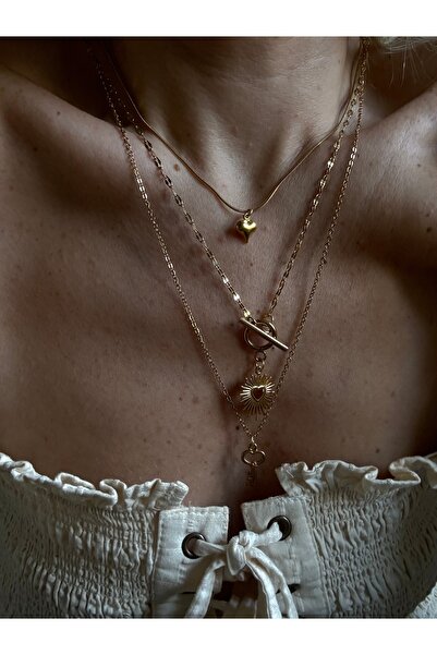 Rossetto Atelier Paslanmaz Çelik Gold 3’lü Heart&Key Kolye Set