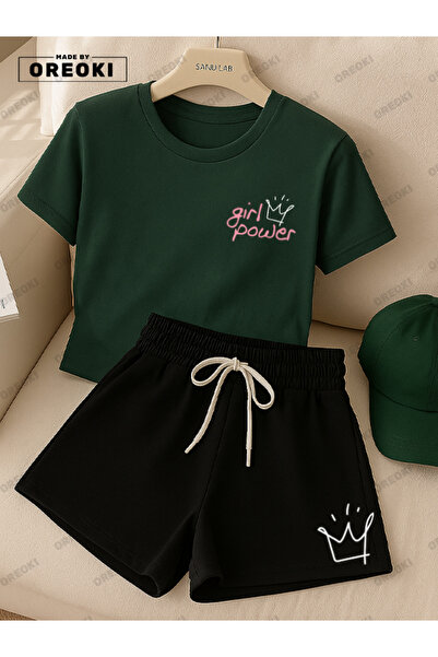 EFFRENATU Women's Power Printed Cotton Forest Green T-Shirt-Black Shorts Set