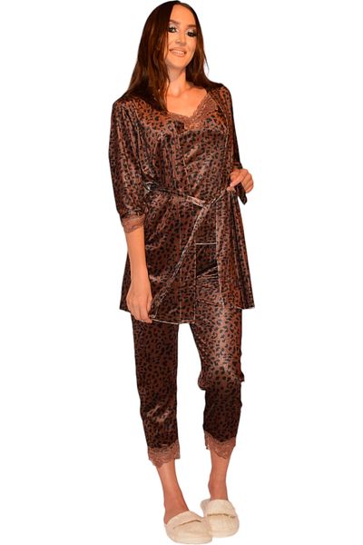 Star Fashion Women's pajamas, velvet with lace, 3 pieces (top, long pants and robe with drawstring) animal print