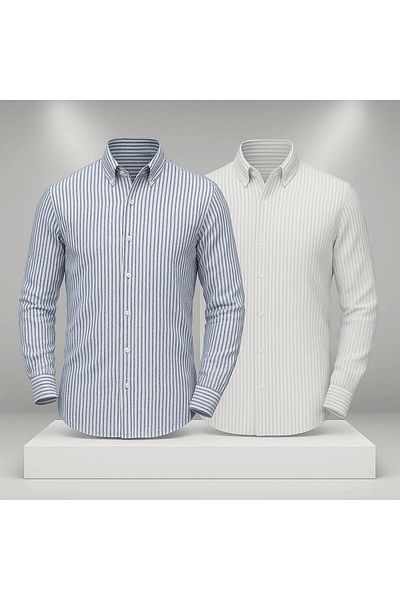LC Waikiki Lc W 2-Piece Advantage Linen Striped Slim Fit Stylish Premium Quality Buttoned Cotton Men's Shirt