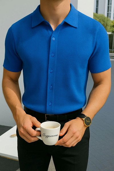 LC Waikiki Lc W 100% Cotton Waffle Fabric Men's Summer Button Short Sleeve Premium Shirt