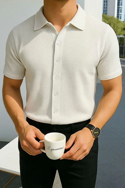 Store 100% Cotton Waffle Fabric Men's Summer Button Short Sleeve Premium Shirt