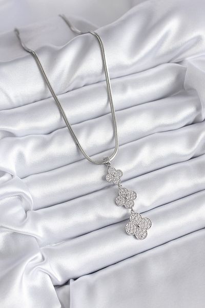 Clariss 316L Steel Silver Color Italian Chain Zircon Stone Clover Model Women's Necklace