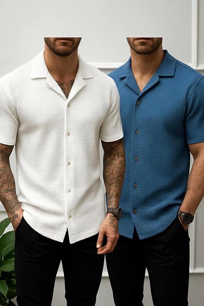 LC Waikiki Lc W 2-Pack Advantage Package Short Sleeve Summer Quality Waffle Fabric Men's Shirt New Model - Ironing-Free