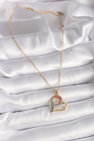 Clariss 316L Steel Gold Color Chain Colorful Zircon Stone Heart Model Women's Necklace