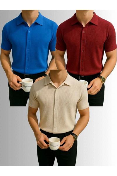 LC Waikiki Lc Waiki 3-Pack Advantageous Package 100% Cotton Waffle Fabric Ironing Unwilling Short-Sleeved Men's Summer Shirt
