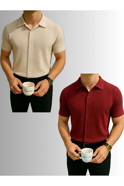 Store 2-Piece Advantageous 100% Cotton New Season Short Sleeve Men's Buttoned Premium Shirt - Non-Ironing