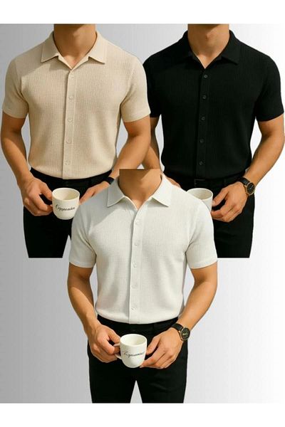 LC Waikiki Lc W 3-Pack Advantage Package 100% Cotton Waffle Fabric Men's Summer Button Short Sleeve Premium Shirt