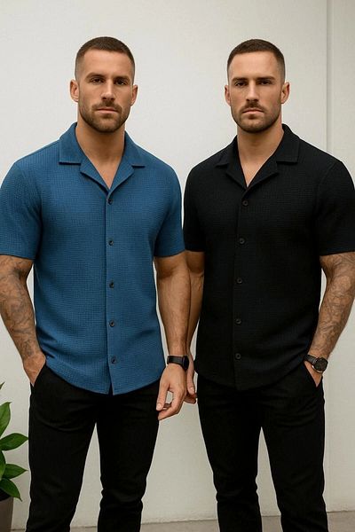 LC Waikiki Lc W 2-Pack Advantage Package Short Sleeve Summer Quality Waffle Fabric Men's Shirt New Model - Ironing-Free