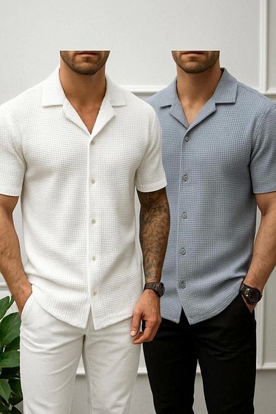 LC Waikiki Lc W 2-Pack Advantage Package Short Sleeve Summer Quality Waffle Fabric Men's Shirt New Model - Ironing-Free