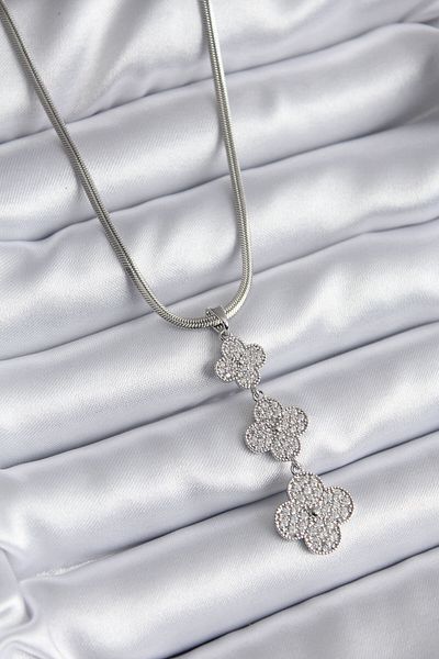 Clariss 316L Steel Silver Color Italian Chain Zircon Stone Clover Model Women's Necklace