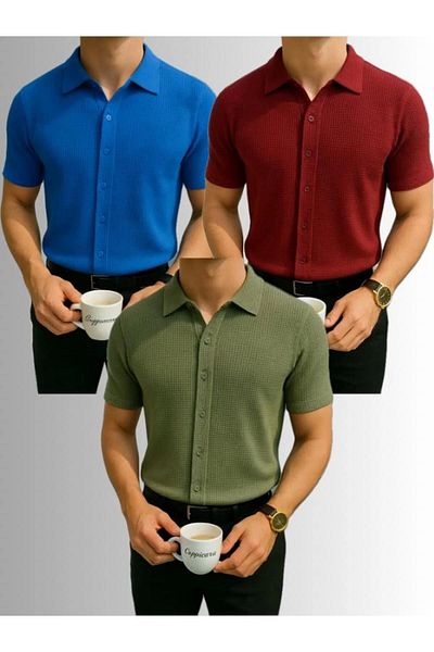 LC Waikiki Lc Waiki 3-Pack Advantageous Package 100% Cotton Waffle Fabric Ironing Unwilling Short-Sleeved Men's Summer Shirt