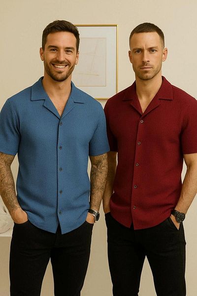 LC Waikiki Lc W 2-Pack Advantage Package Short Sleeve Summer Quality Waffle Fabric Men's Shirt New Model - Ironing-Free
