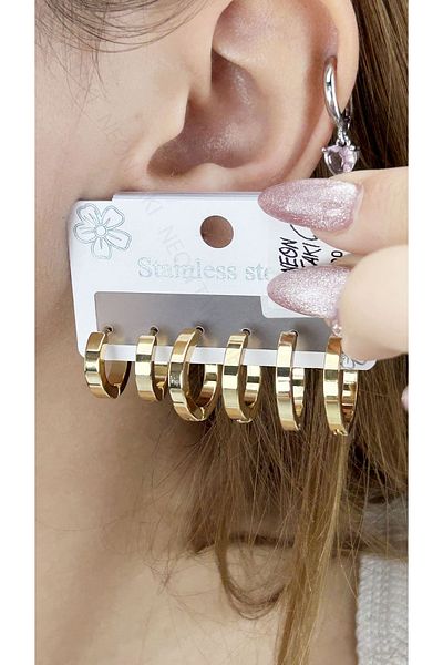 Neon Takı by Atalay Sensitivity Tag and Multi Ring Model, Stainless Steel Earrings, 606, Gold Color