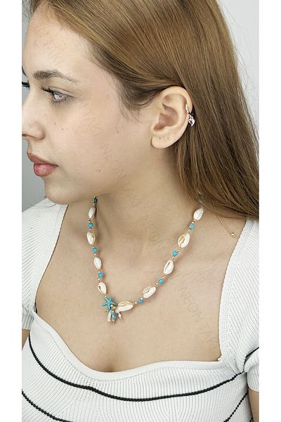 Neon Takı by Atalay Sensitivity Tag and Summer Necklace with Mussel Shell, Blue Beads, 393, Gold Color