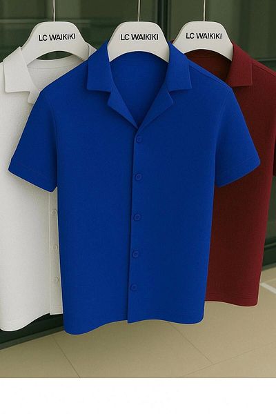 LC Waikiki Lc W Set of 3 Advantageous Package 100% Cotton Short Sleeve Buttoned Premium Men's Shirt