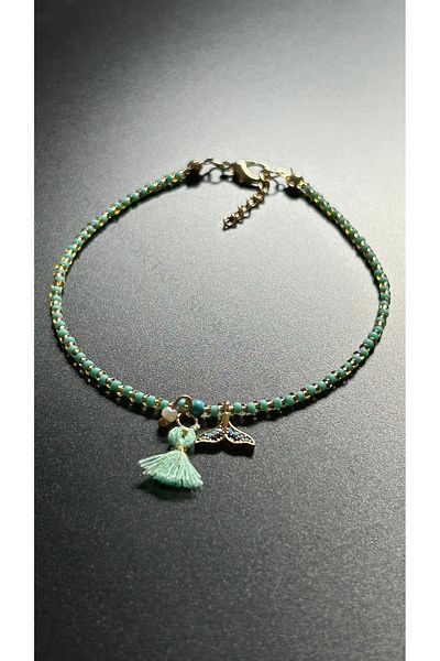 Neon Takı by Atalay Sensitivity Tag and Fishtail, Turquoise Color Beaded Anklet 35, Gold Color