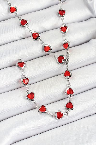 Clariss Brass Silver Color Red Zircon Stone Heart Y Women Necklace