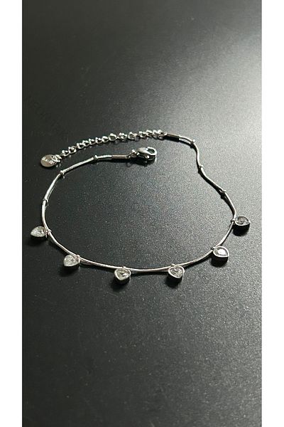 Neon Takı by Atalay Sensitivity Tag and Stone, Heart, Stainless Steel Anklet 31, Silver Color