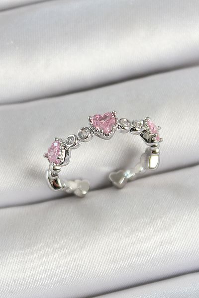 Clariss Silver Color Adjustable Women's Ring with Brass Row Heart Figure Zircon Stone