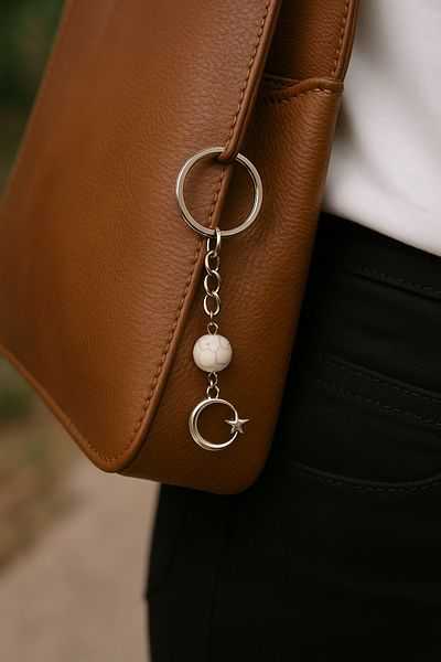Han Ticarethane White Havlit Natural Stone Detailed Moon Star Tip Keychain