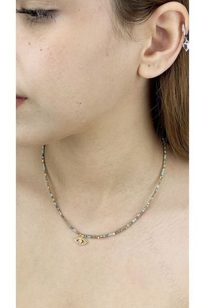 Neon Takı by Atalay Sensitivity Tag and Eye, Color Beads, Stainless Steel Necklace 395, Light Blue, Gold Color