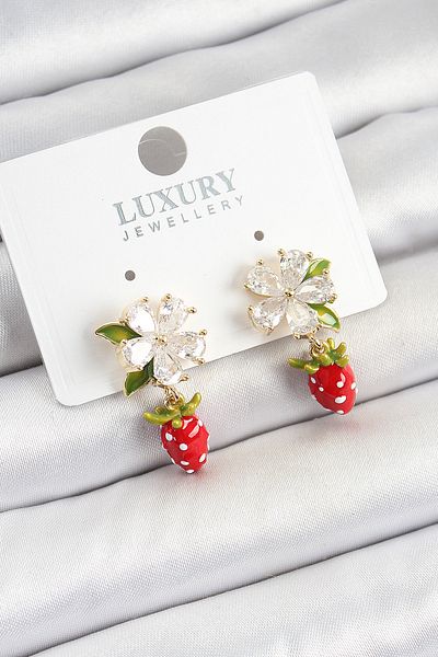 Clariss Brass Enameled Zircon Stone Flower Model Gold Color Women's Earrings with Hanging Strawberry Detail